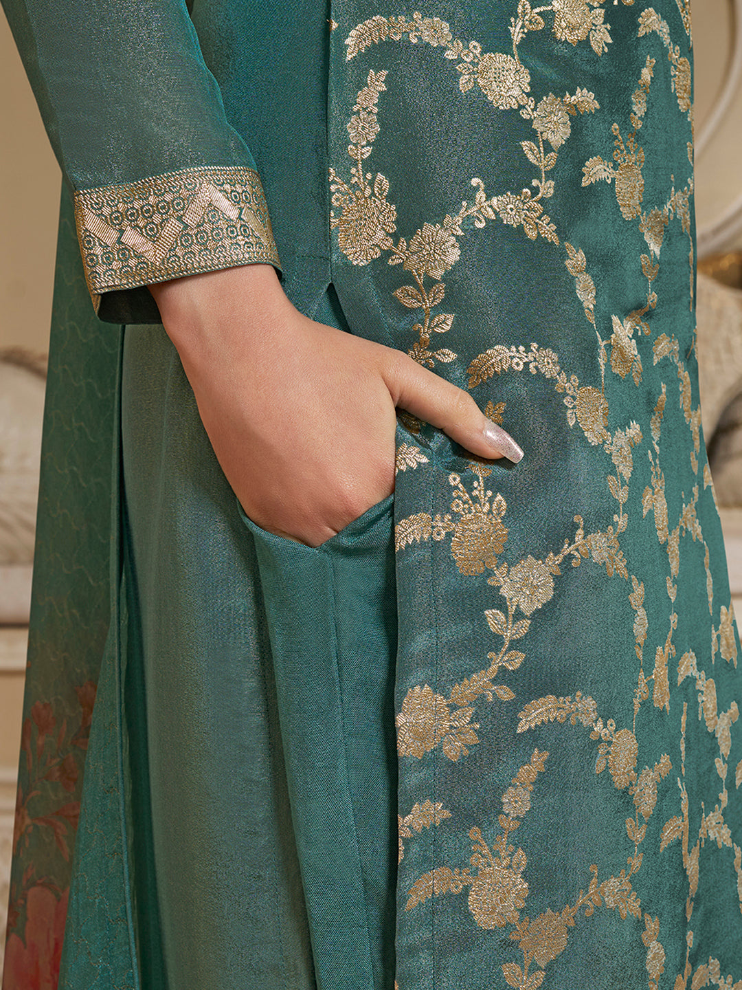 Teal Green Tissue Jacquard Kurta Suit Set with Jaal Pattern & Hand made Buttons Product vendor