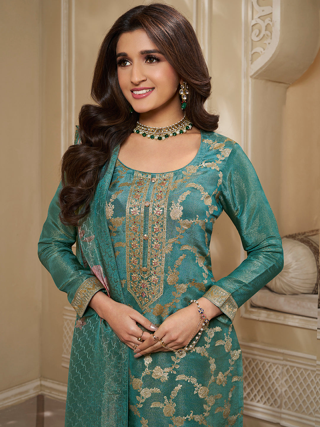 Teal Green Tissue Jacquard Kurta Suit Set with Jaal Pattern & Hand made Buttons Product vendor