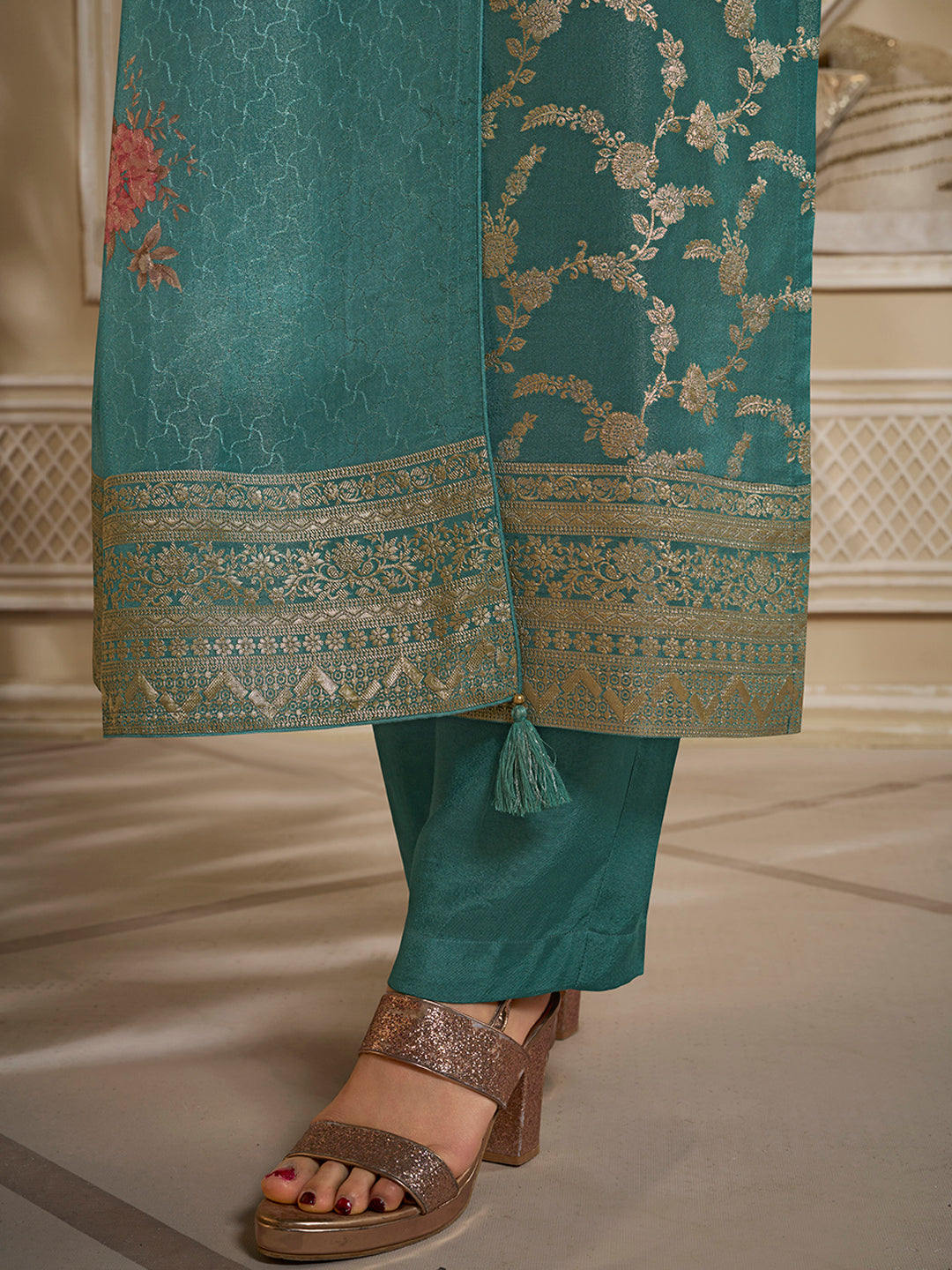 Teal Green Tissue Jacquard Kurta Suit Set with Jaal Pattern & Hand made Buttons Product vendor