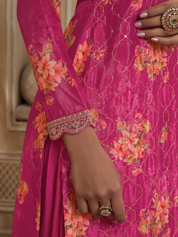 Rani Pink Digital Floral Printed Embroidered Sharara Suit Set Product vendor