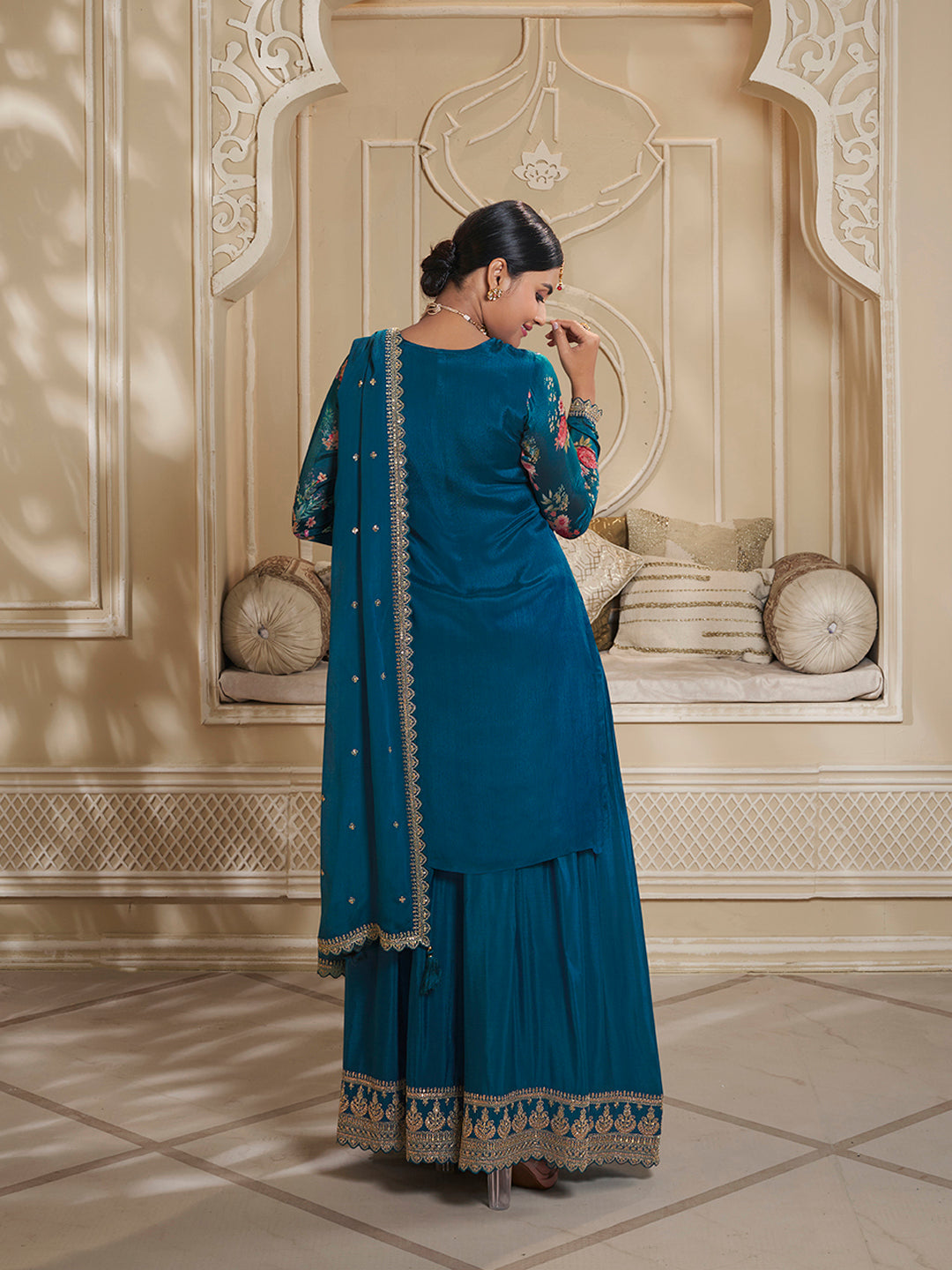 Sapphire Blue Digital Floral Printed Embroidered Sharara Suit Set Product vendor