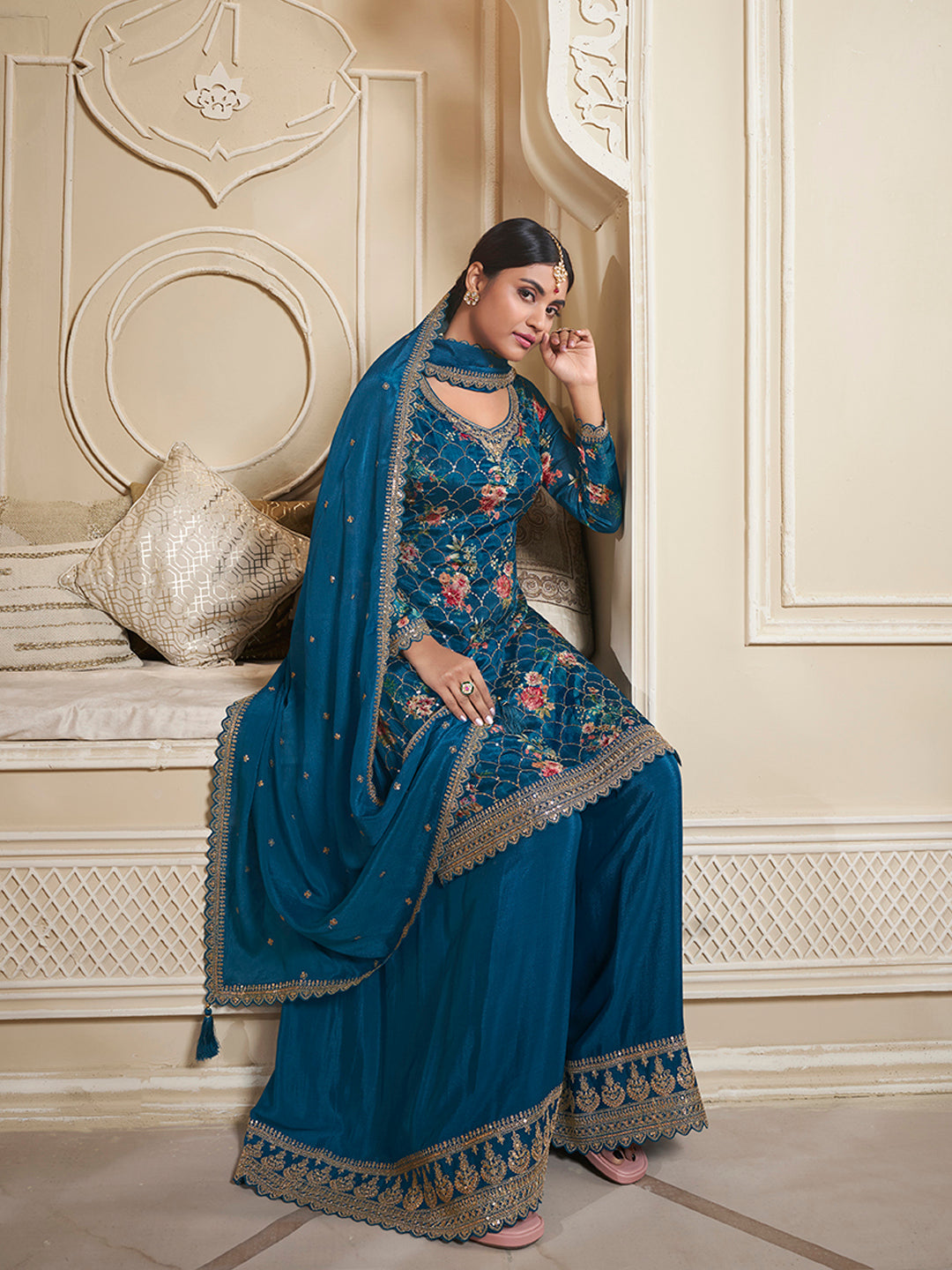 Sapphire Blue Digital Floral Printed Embroidered Sharara Suit Set Product vendor