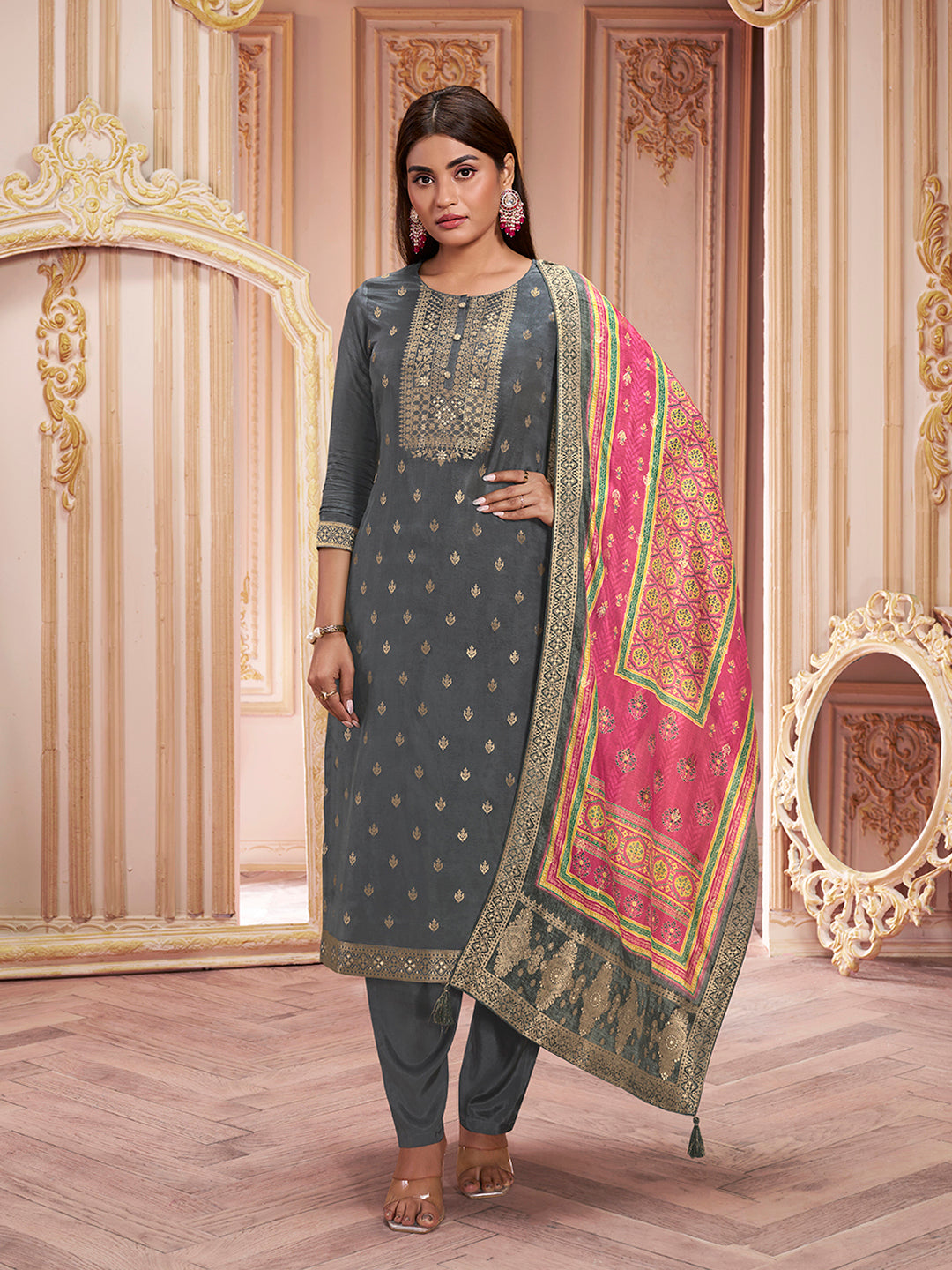 Grey Jacquard Kurta Suit Set Product vendor