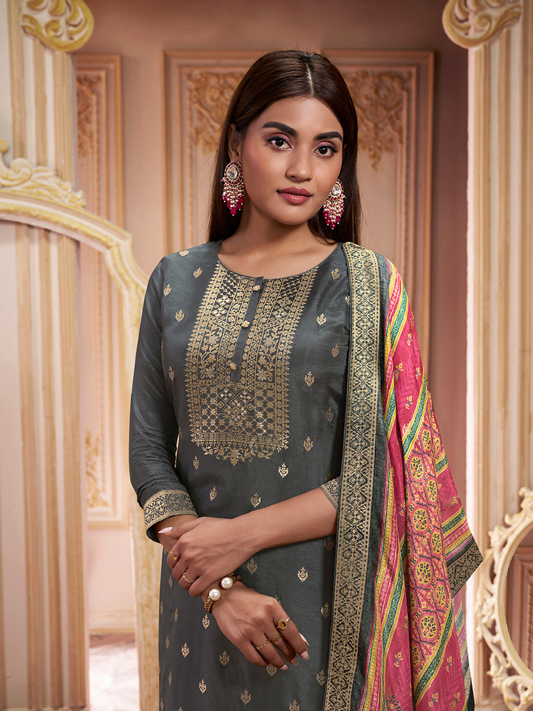 Grey Jacquard Kurta Suit Set Product vendor