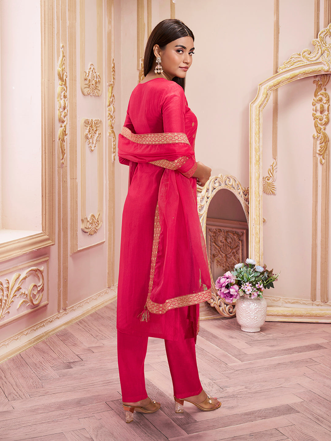 Red Panel Jacquard Kurta Suit Set Product vendor