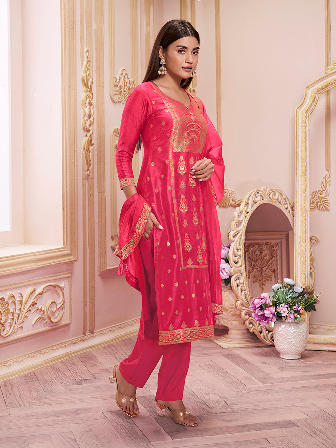 Red Panel Jacquard Kurta Suit Set Product vendor