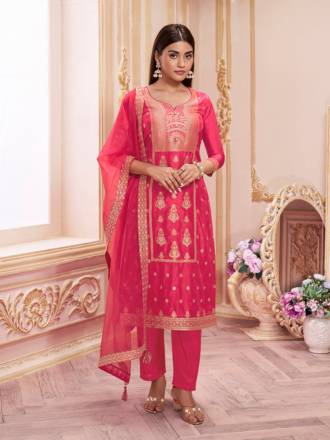 Red Panel Jacquard Kurta Suit Set Product vendor