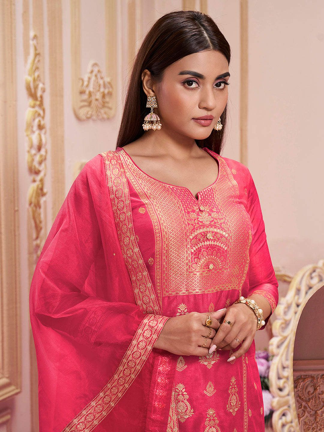 Red Panel Jacquard Kurta Suit Set Product vendor