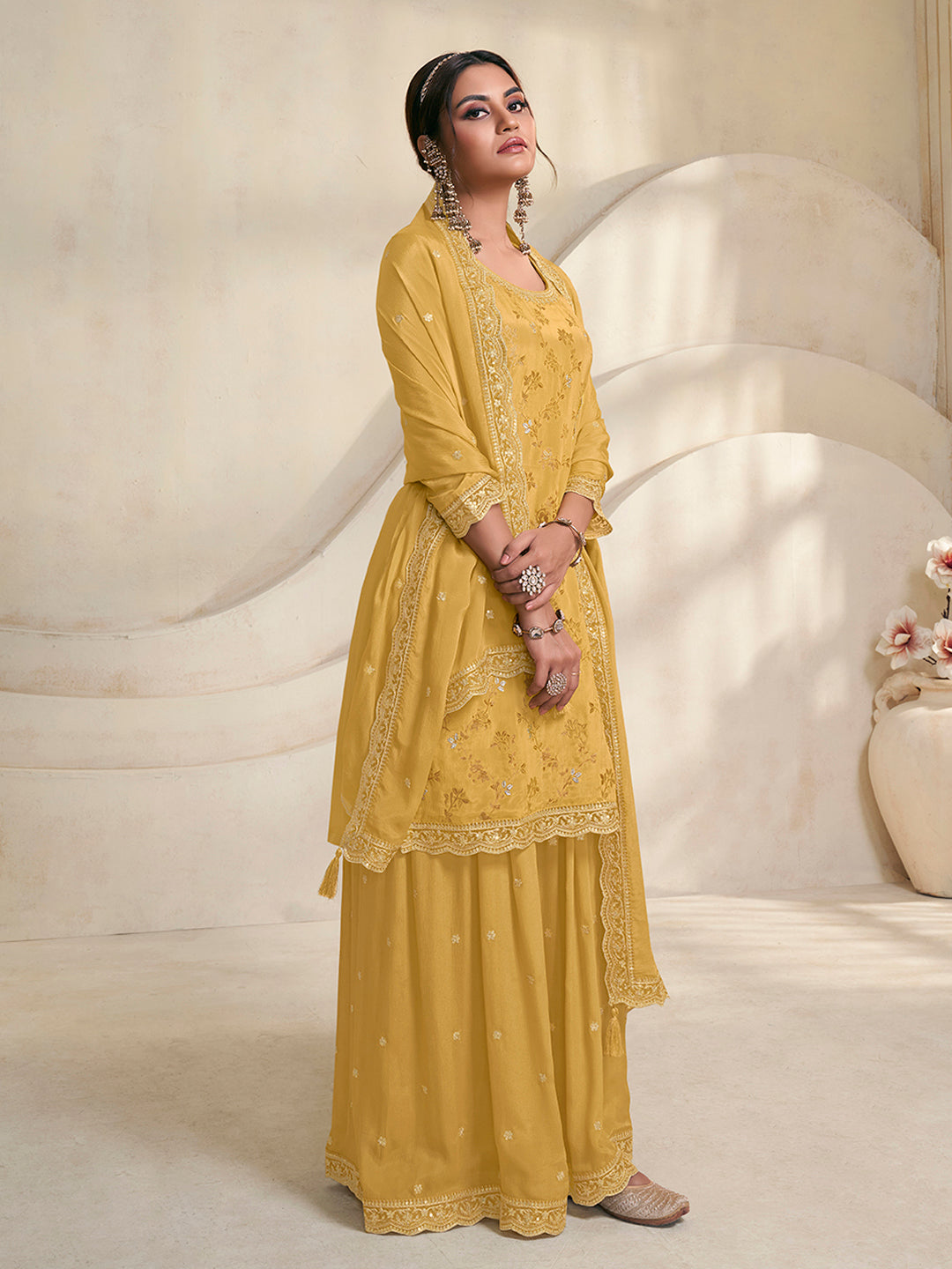 Yellow Jacquard Embroidered Sharara Suit Set Product vendor