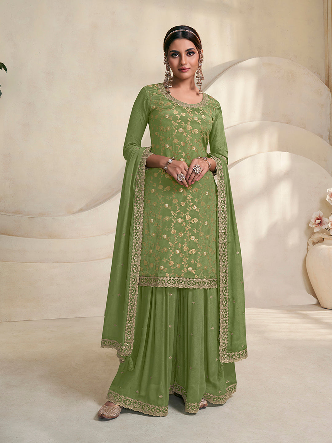 Green Jacquard Embroidered Sharara Suit Set Product vendor