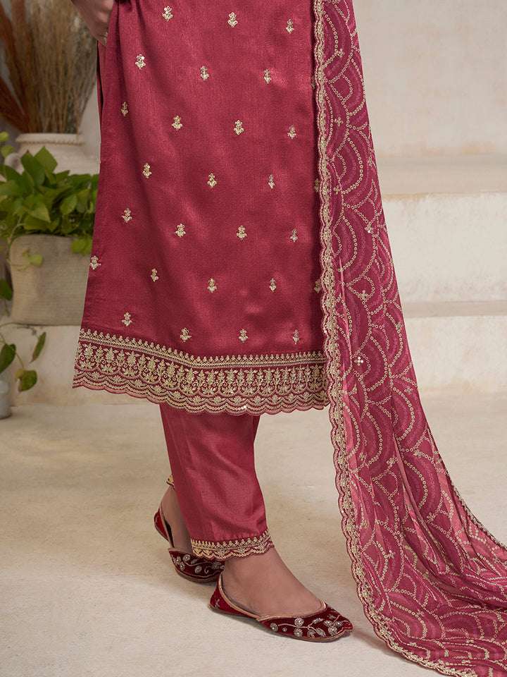 Dusty Red Vichitra Sequins Embroidered Kurta Suit Set Product vendor