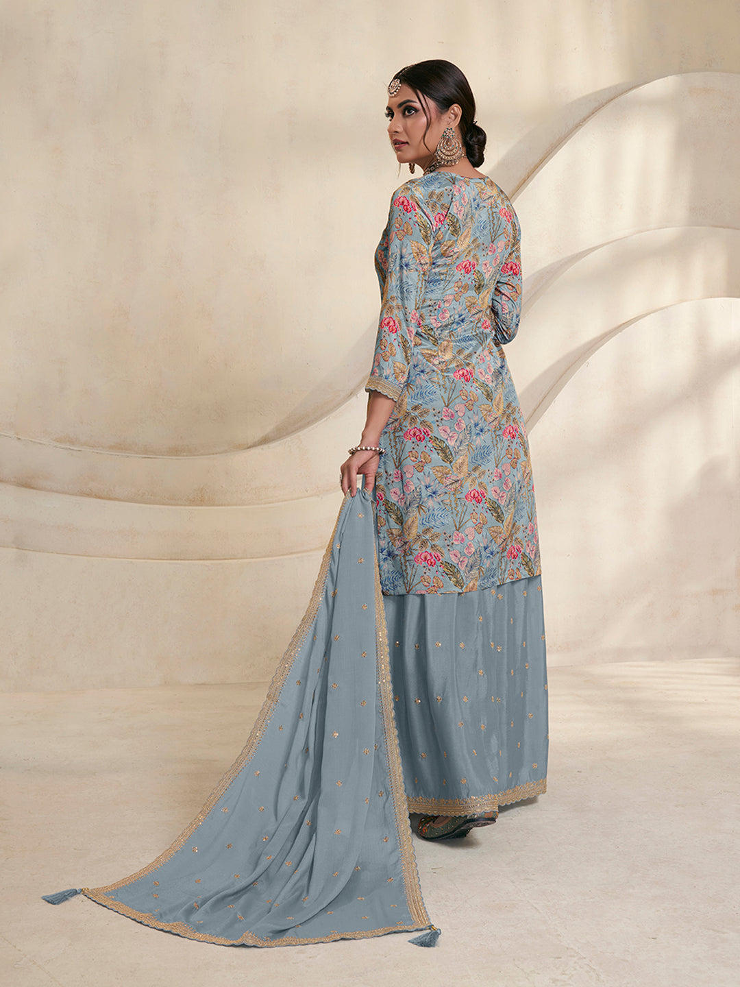 Blue Chinon Digital Floral Printed Sharara Suit Set Product vendor