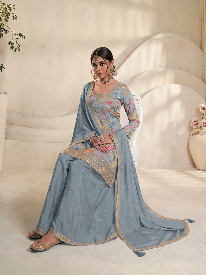 Blue Chinon Digital Floral Printed Sharara Suit Set Product vendor