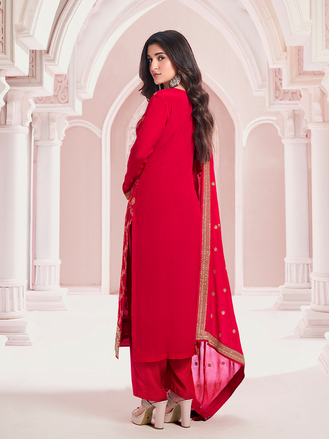Red Chinon Fabric with Floral Jaal and Sequins Embroidery Kurta Suit Set