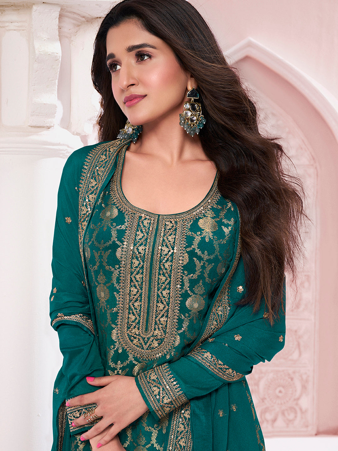 Green Chinon Fabric with Floral Jaal and Sequins Embroidery Kurta Suit Set
