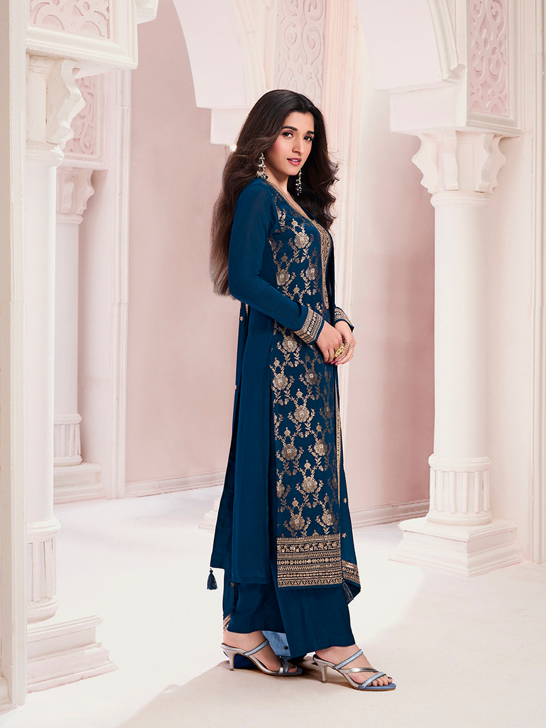 Navy Blue Chinon Kurta Set with Floral and Sequins Embroidery