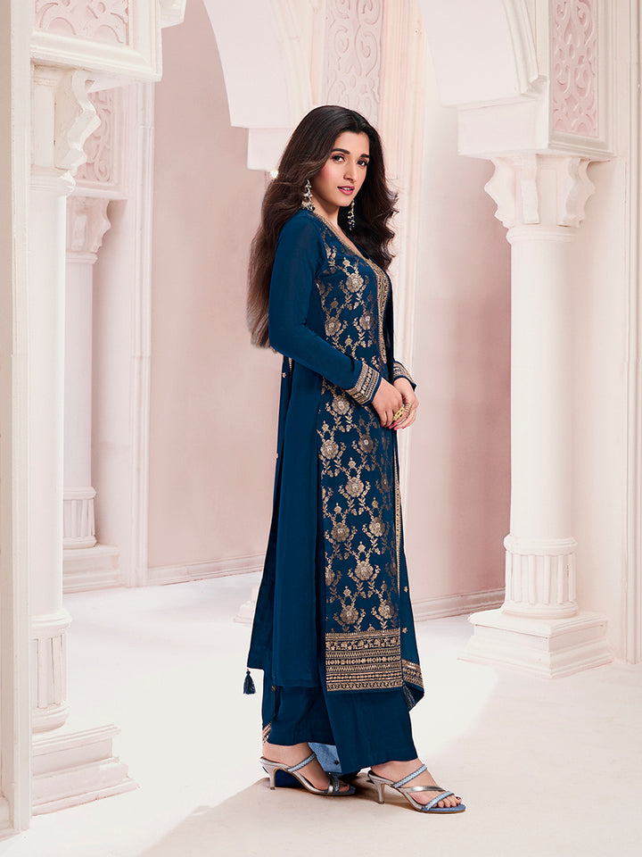 Navy Blue Chinon Kurta Set with Floral and Sequins Embroidery