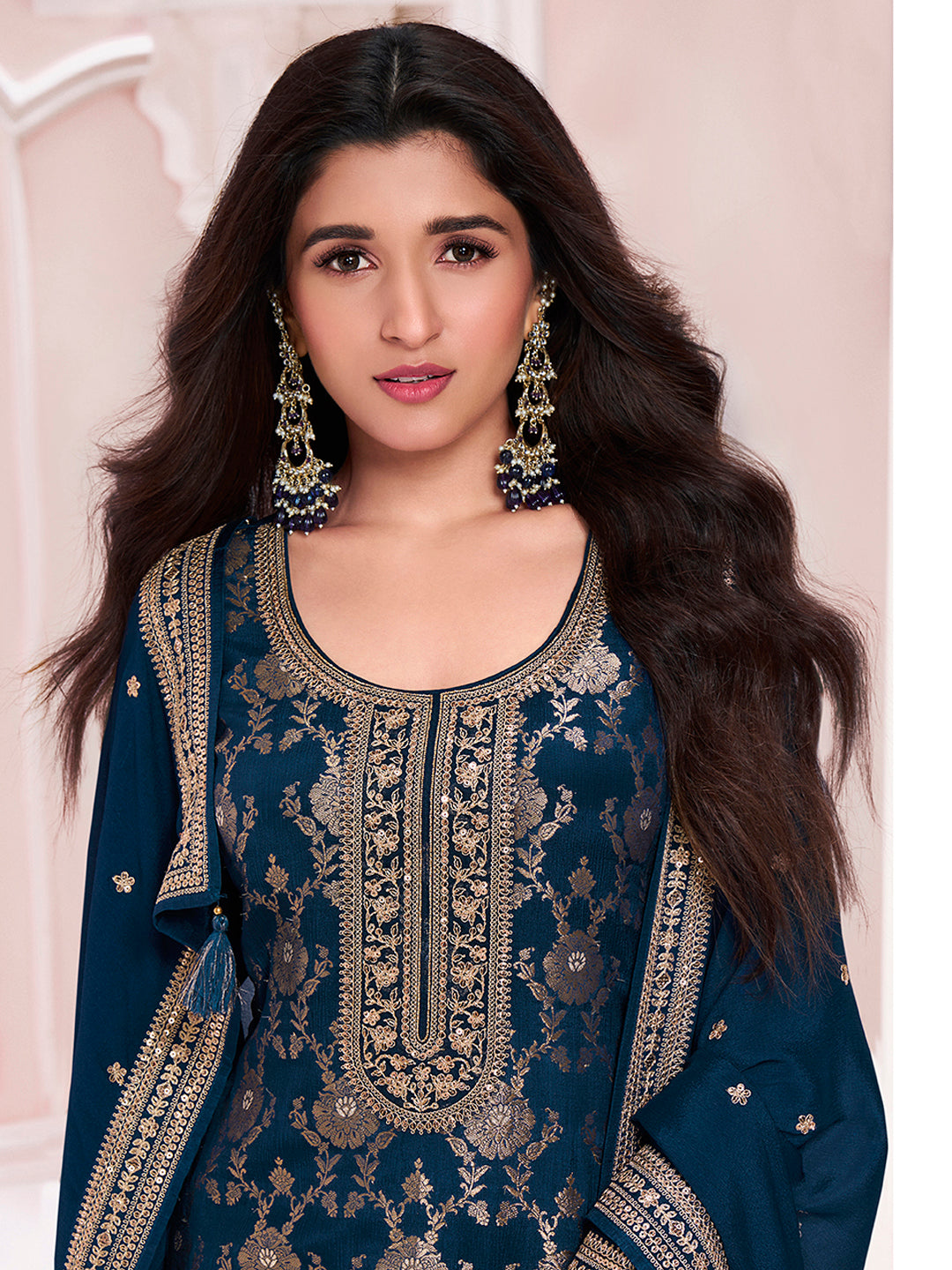 Navy Blue Chinon Kurta Set with Floral and Sequins Embroidery