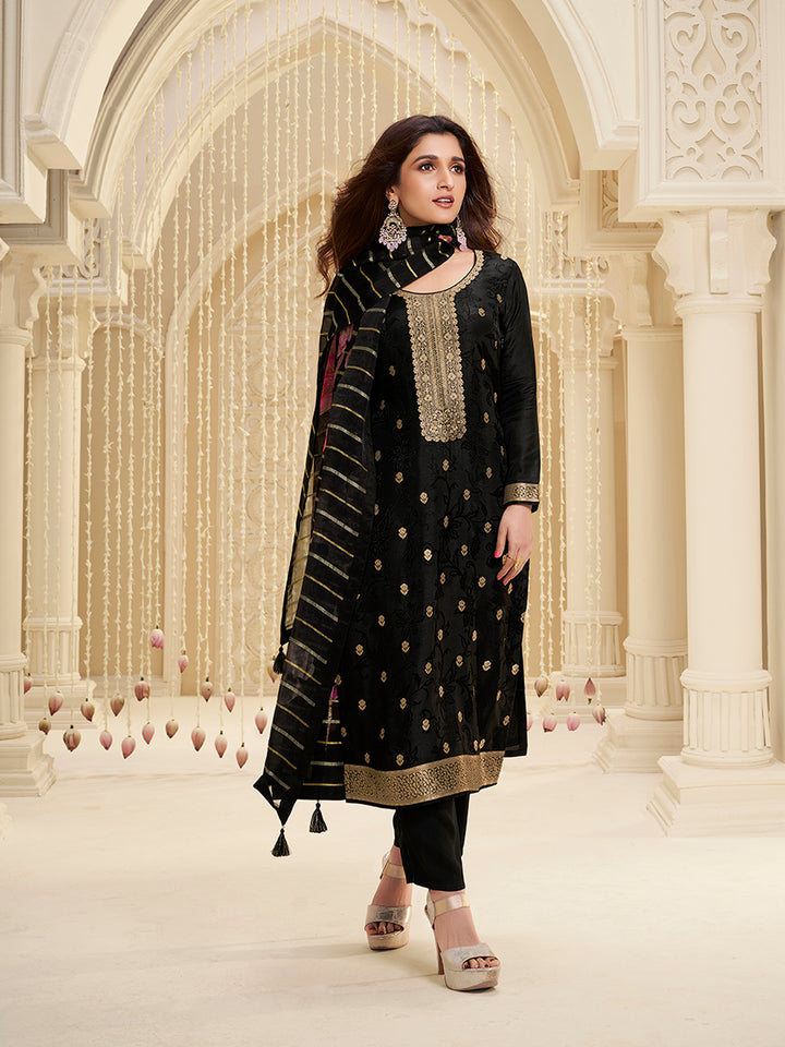 Black Dola Ethnic Motifs Jacquard Kurta Suit Set