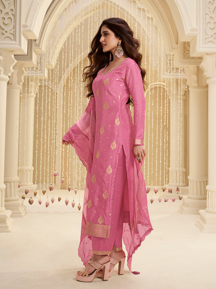 Pink Dola Ethnic Motifs Jacquard with Embroidered Kurta Suit Set