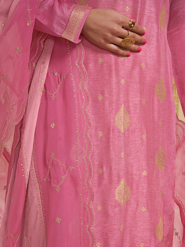 Pink Dola Ethnic Motifs Jacquard with Embroidered Kurta Suit Set