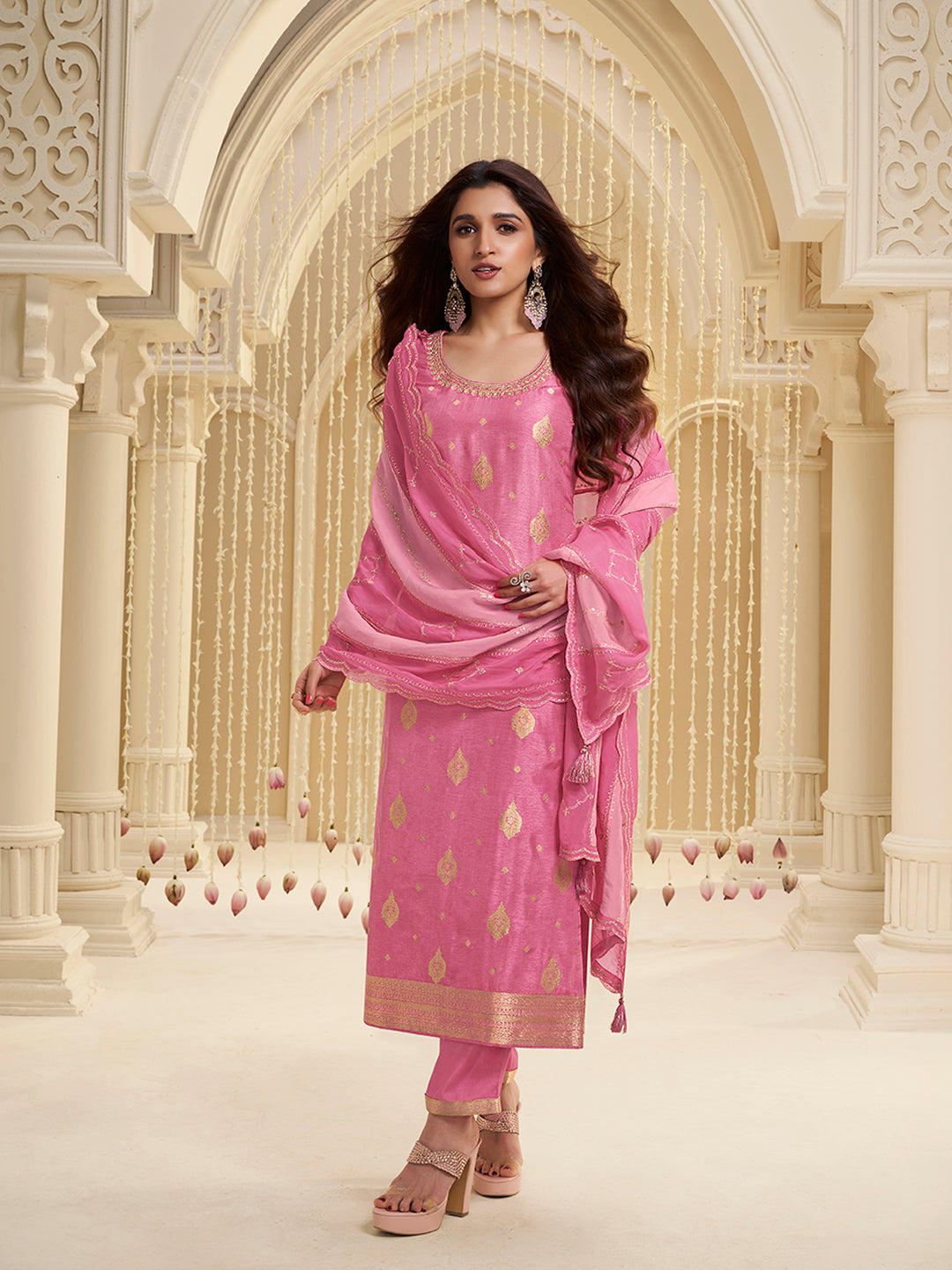 Pink Dola Ethnic Motifs Jacquard with Embroidered Kurta Suit Set