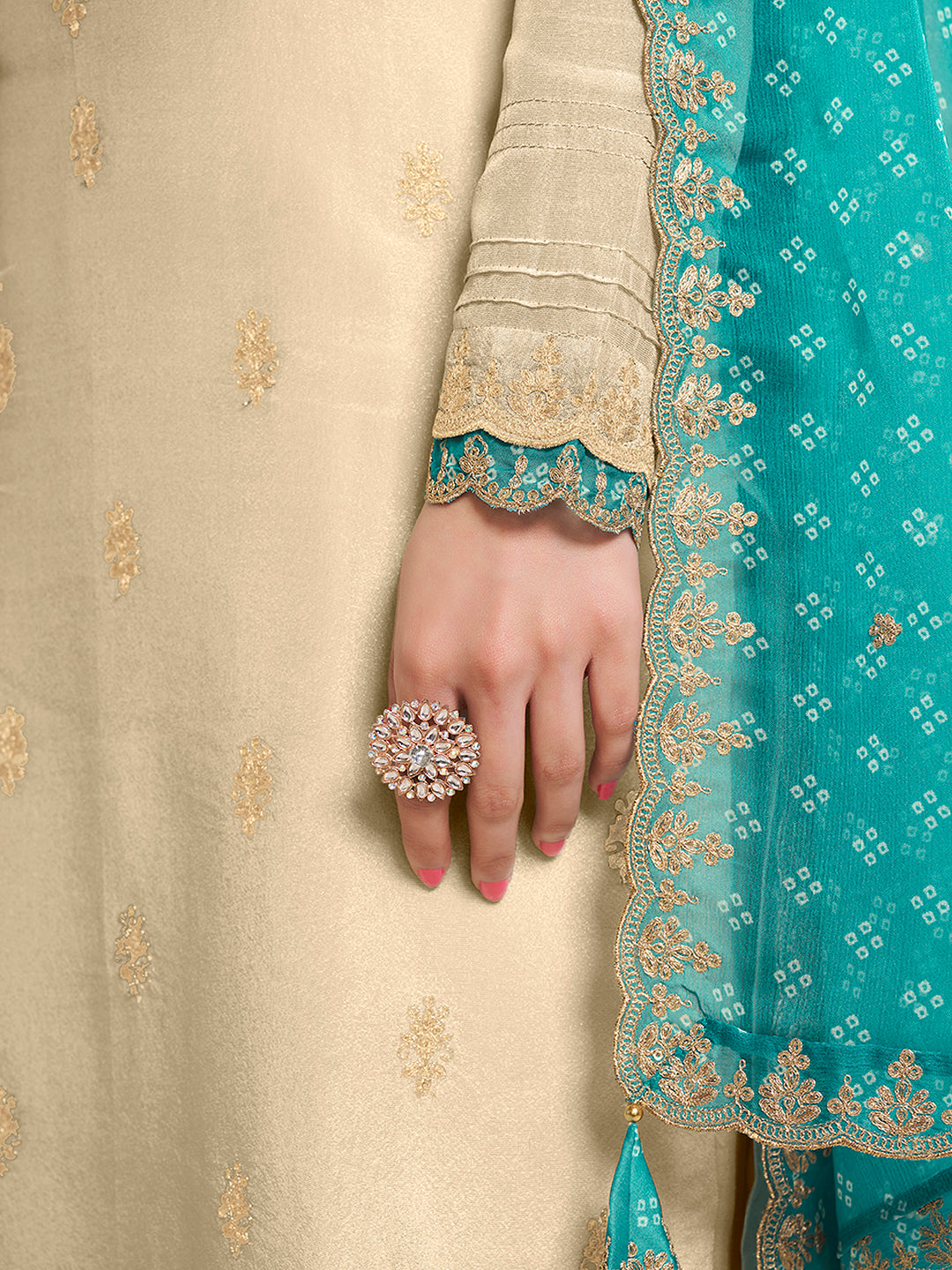 Off-White Tissue with Bandhani Print Colour Contrast Dupatta Kurta Suit Set
