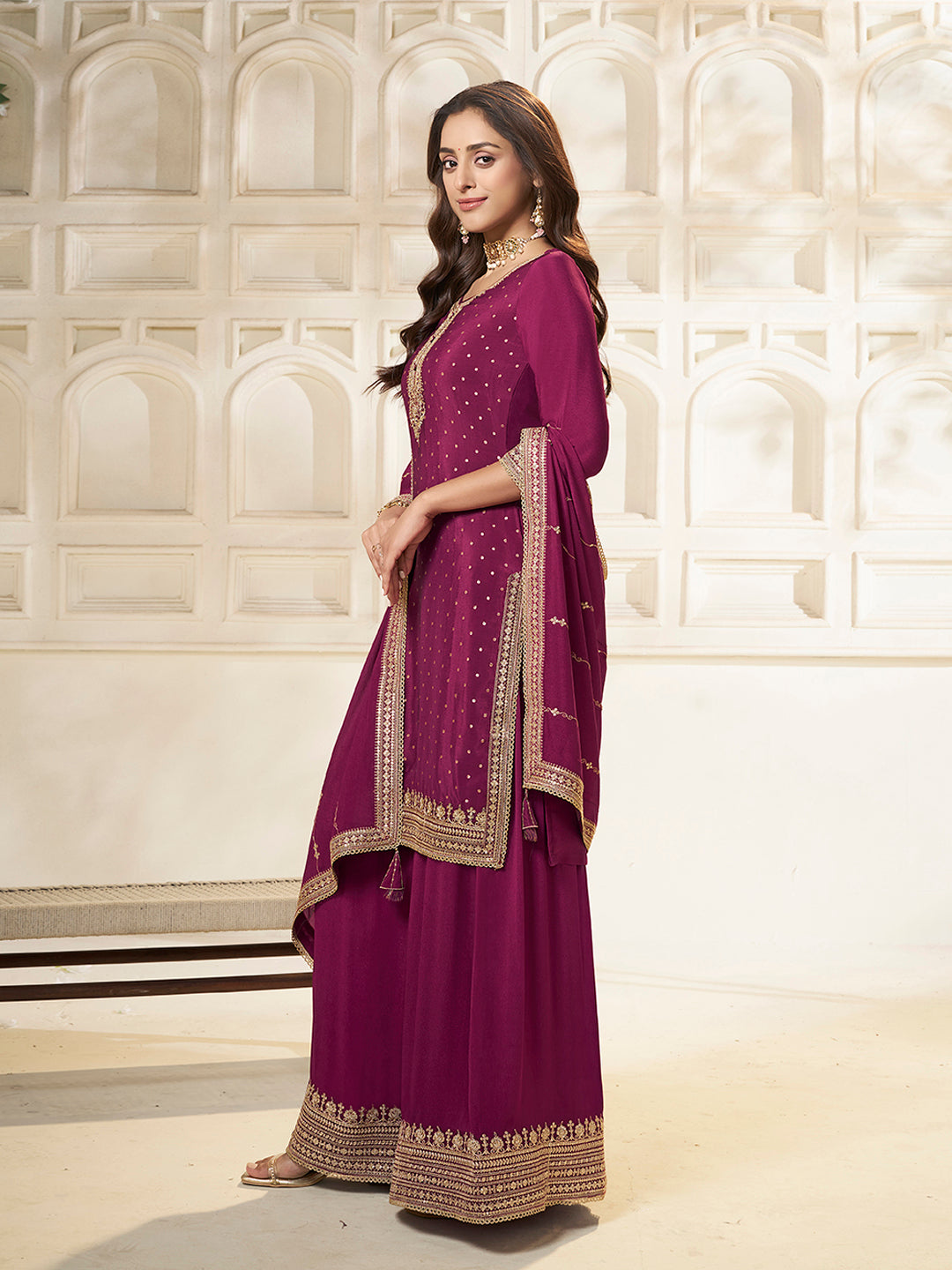 Wine Chinon Top with Sequins Embroidery and Sharara Suit Set