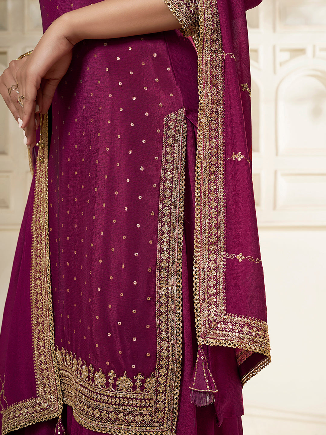 Wine Chinon Top with Sequins Embroidery and Sharara Suit Set
