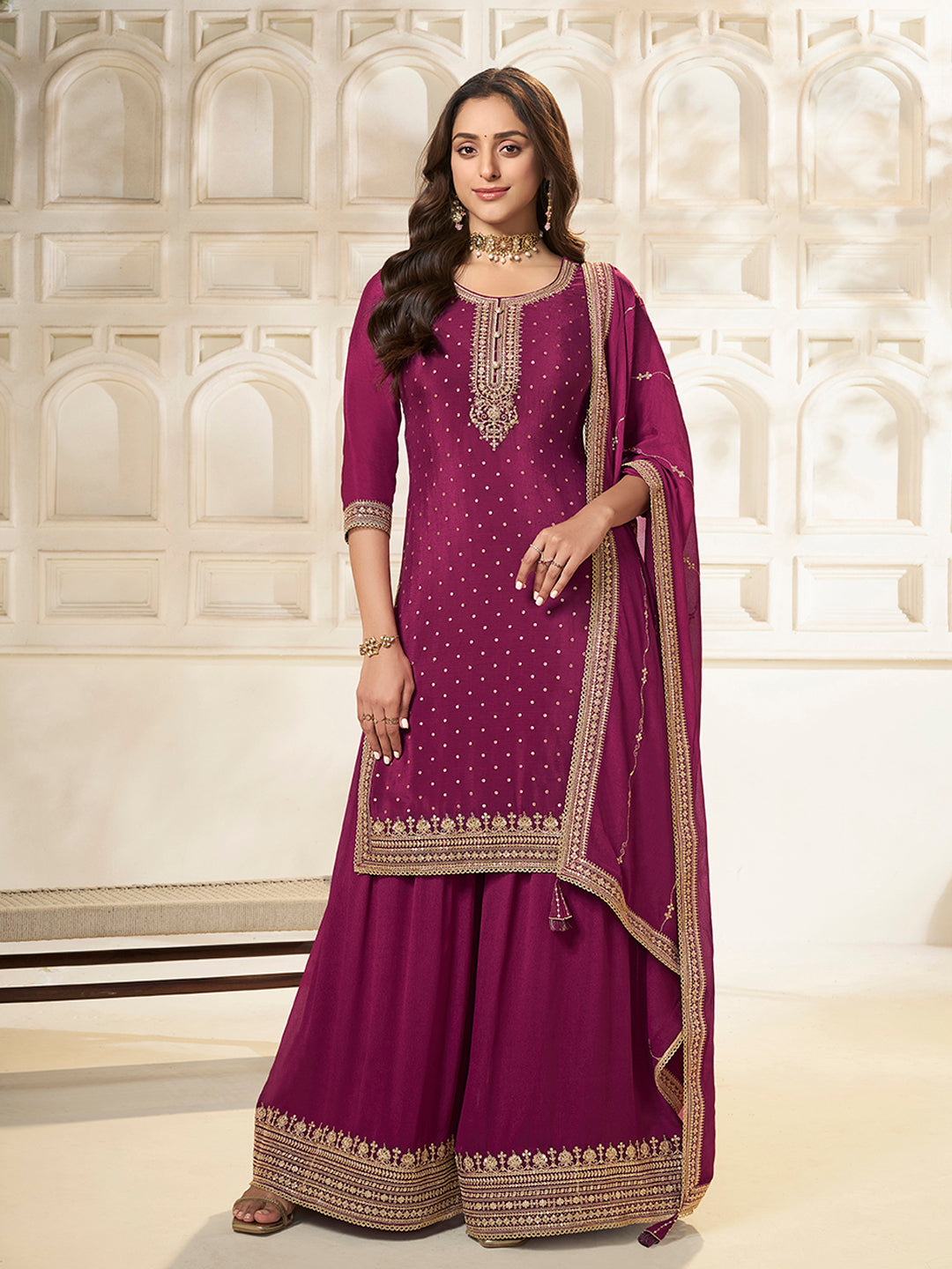 Wine Chinon Top with Sequins Embroidery and Sharara Suit Set