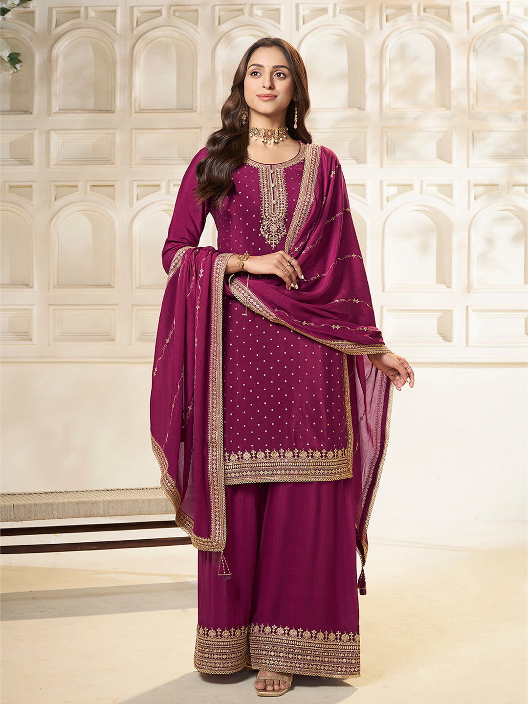 Wine Chinon Top with Sequins Embroidery and Sharara Suit Set