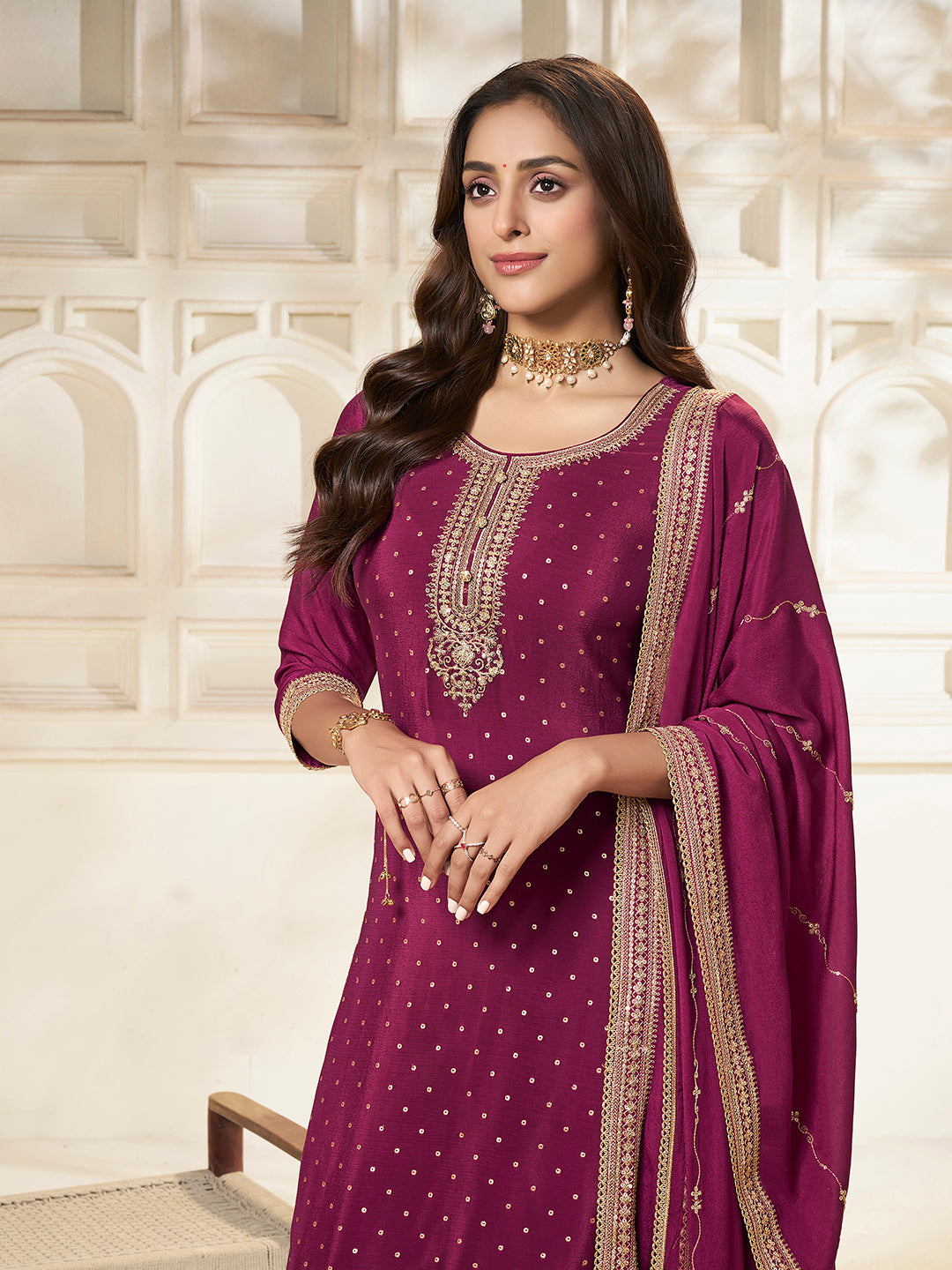Wine Chinon Top with Sequins Embroidery and Sharara Suit Set