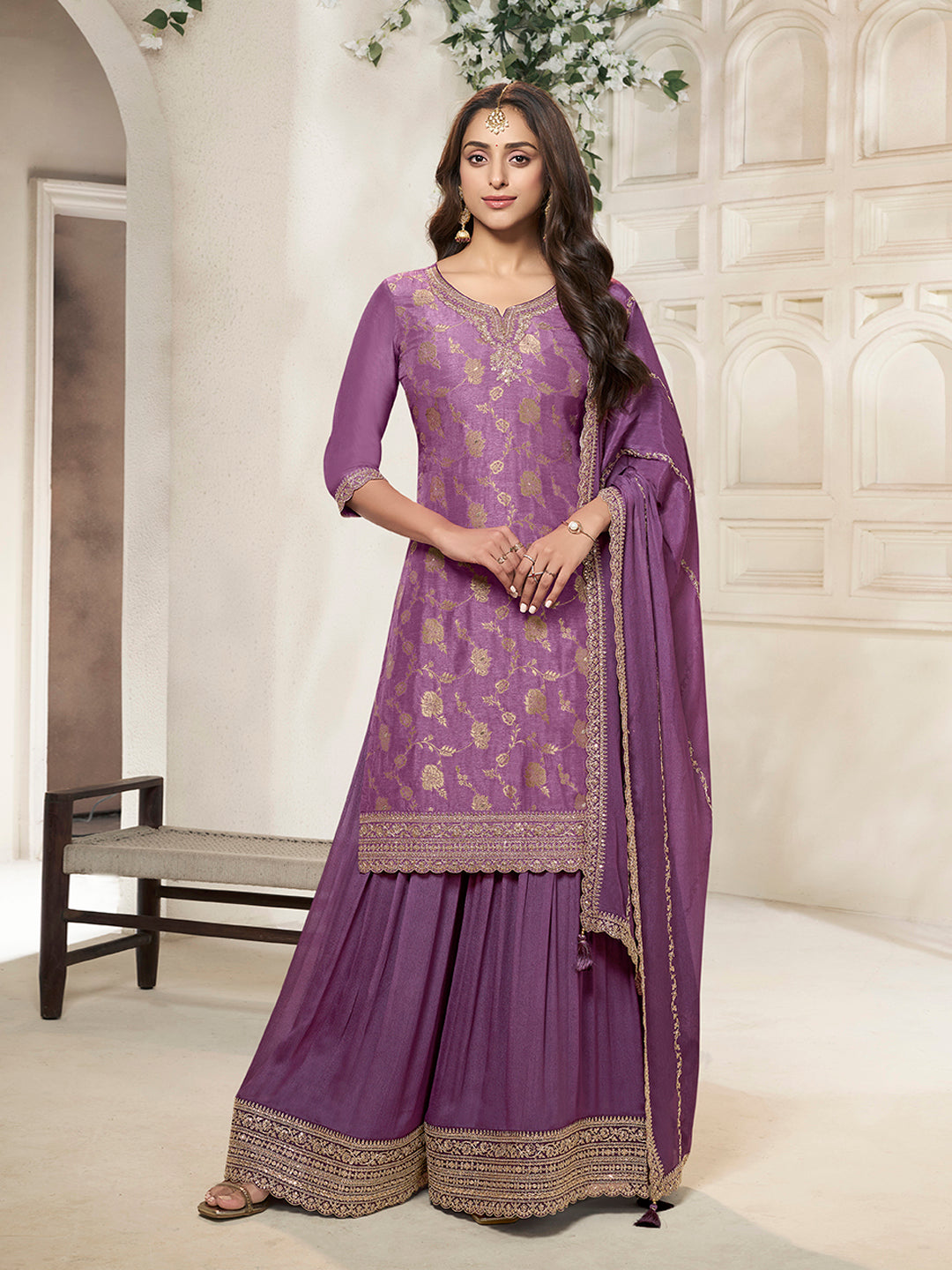 Purple Dola Silk Colour Contrast Sharara Suit Set – Seerat Ethnic