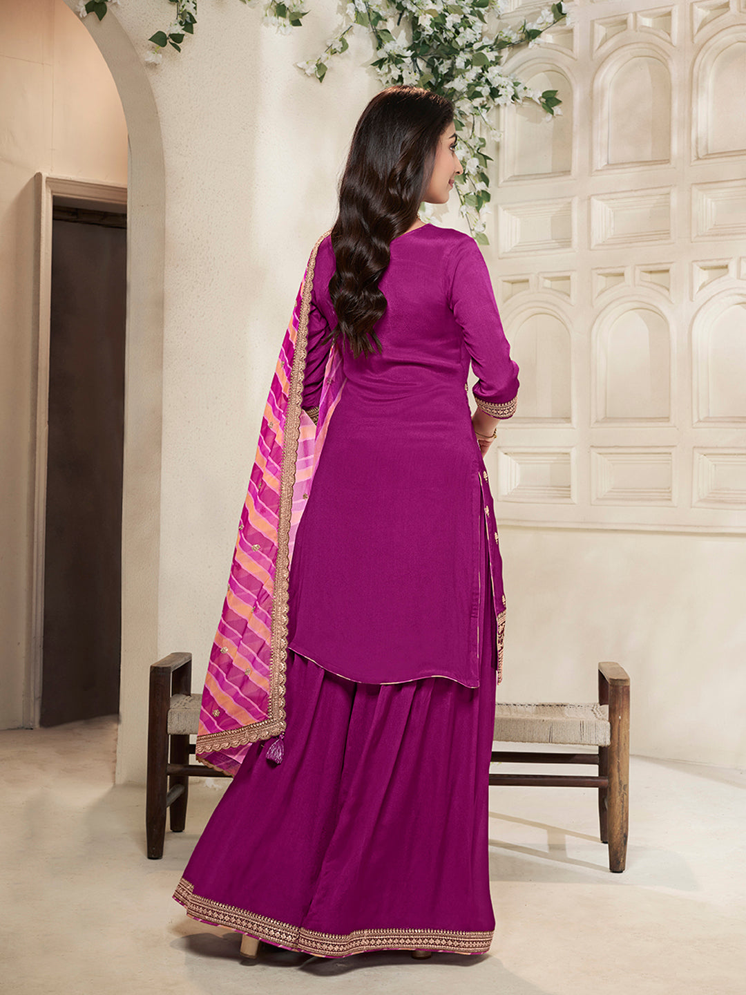 Purple Chinon Top, Embellished Sharara, and Lehariya Printed Dupatta Sharara Suit Set