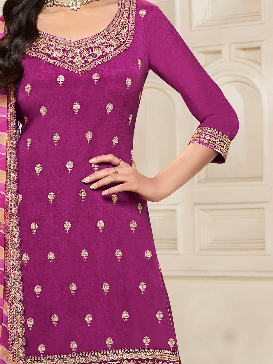 Purple Chinon Top, Embellished Sharara, and Lehariya Printed Dupatta Sharara Suit Set