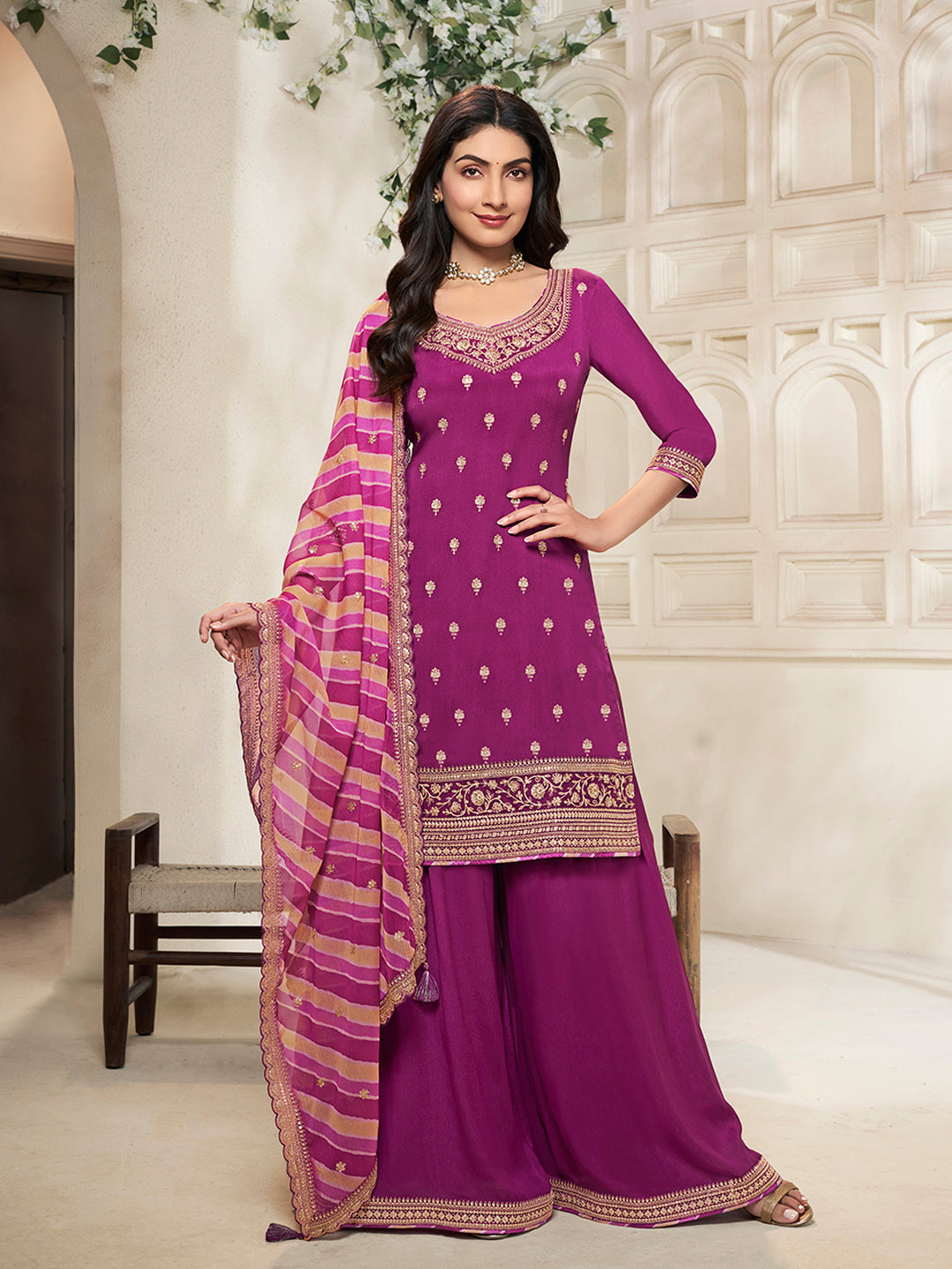 Purple Chinon Top, Embellished Sharara, and Lehariya Printed Dupatta Sharara Suit Set