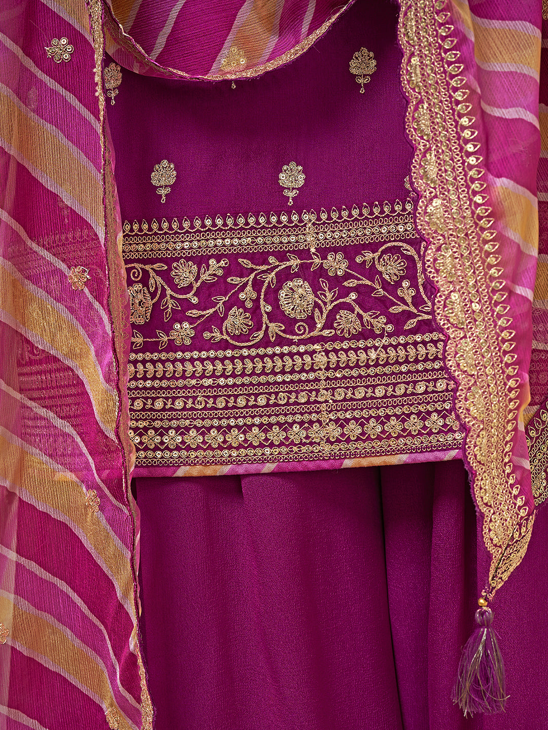 Purple Chinon Top, Embellished Sharara, and Lehariya Printed Dupatta Sharara Suit Set