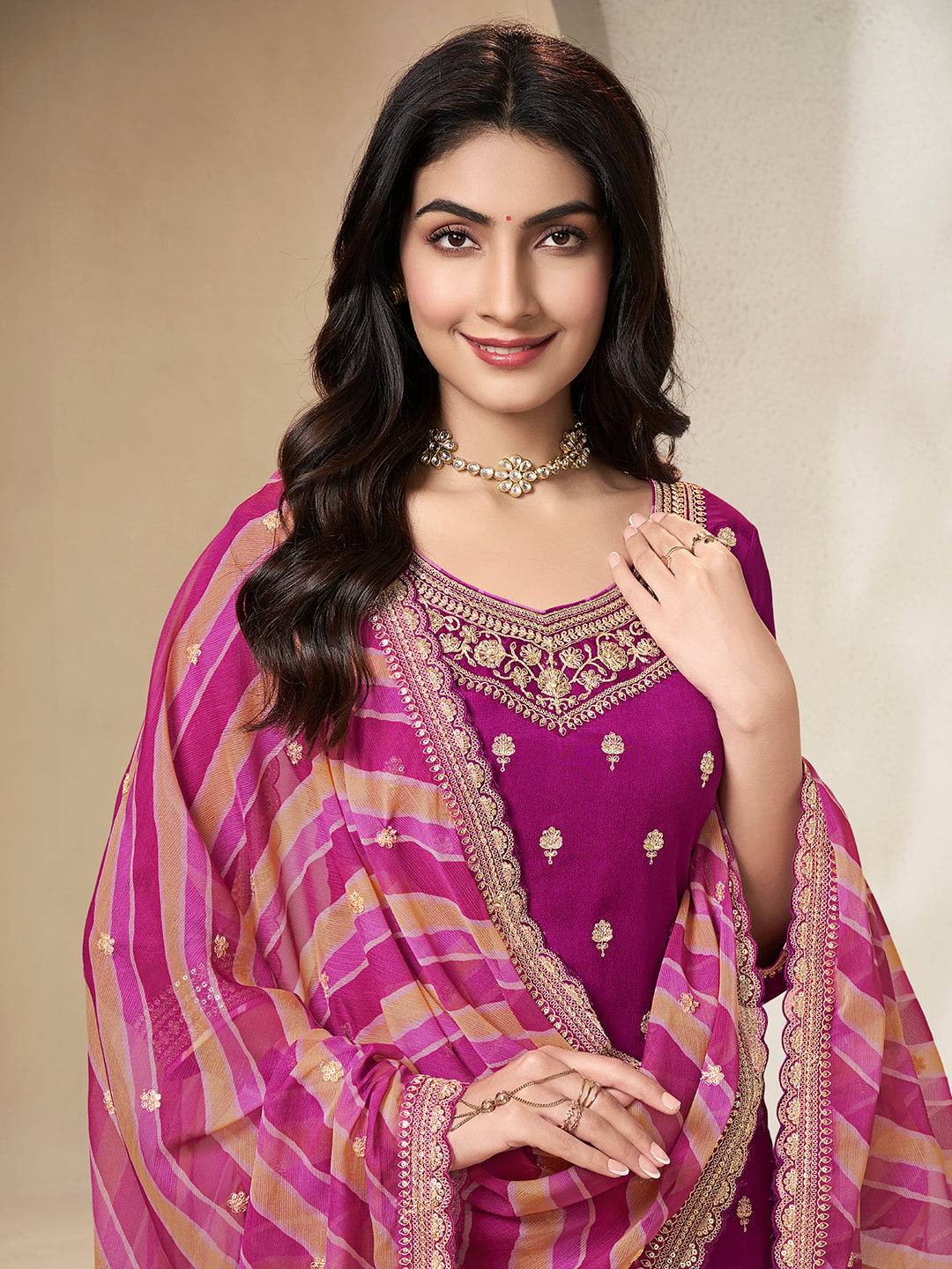 Purple Chinon Top, Embellished Sharara, and Lehariya Printed Dupatta Sharara Suit Set