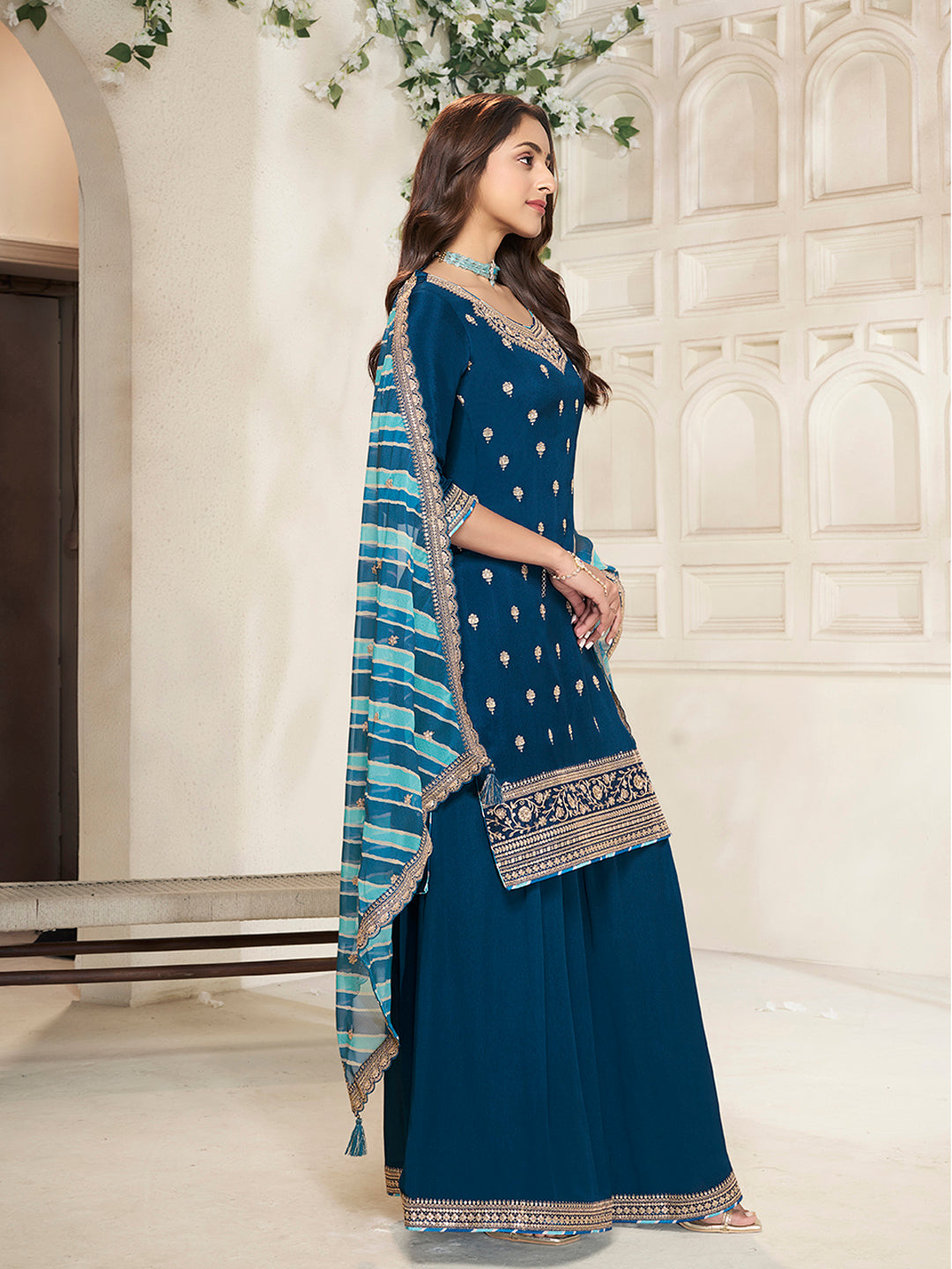 Royal Blue Sharara Suit with Chinon Top and Printed Dupatta