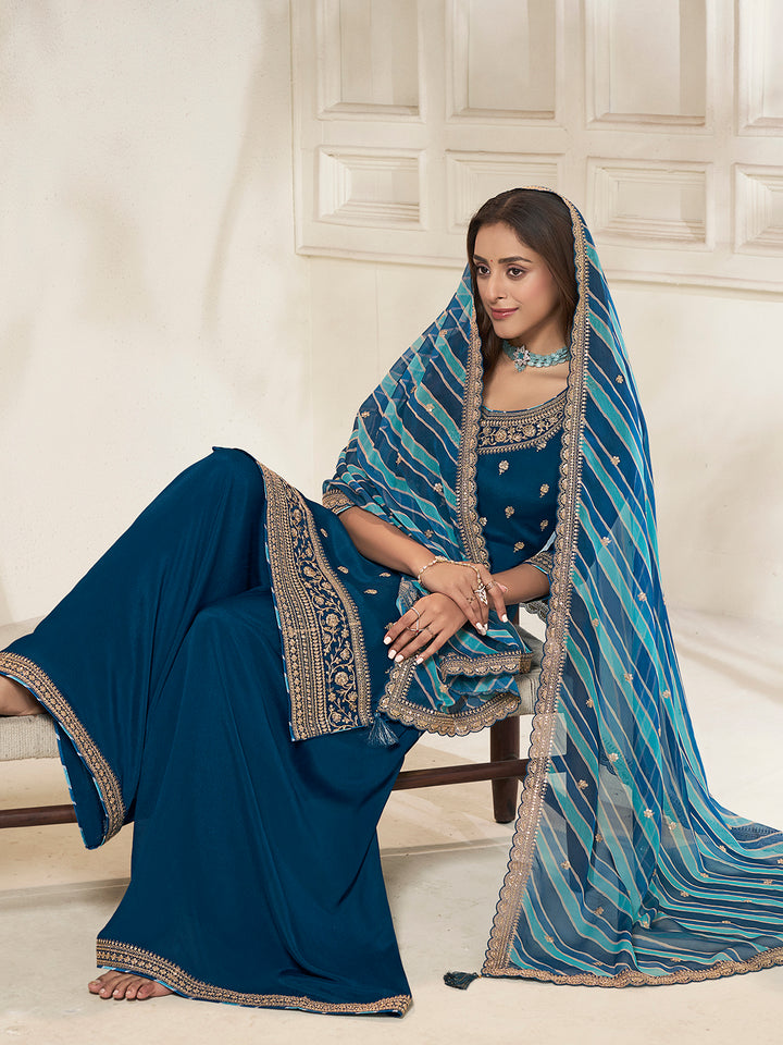 Royal Blue Sharara Suit with Chinon Top and Printed Dupatta