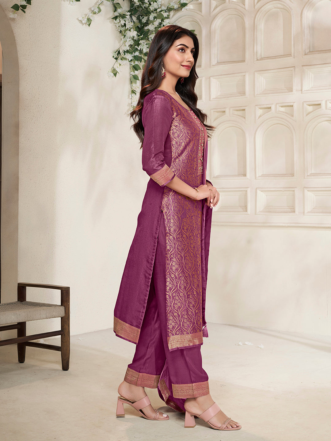 Purple Tissue Jacquard weave Kurta Suit Set