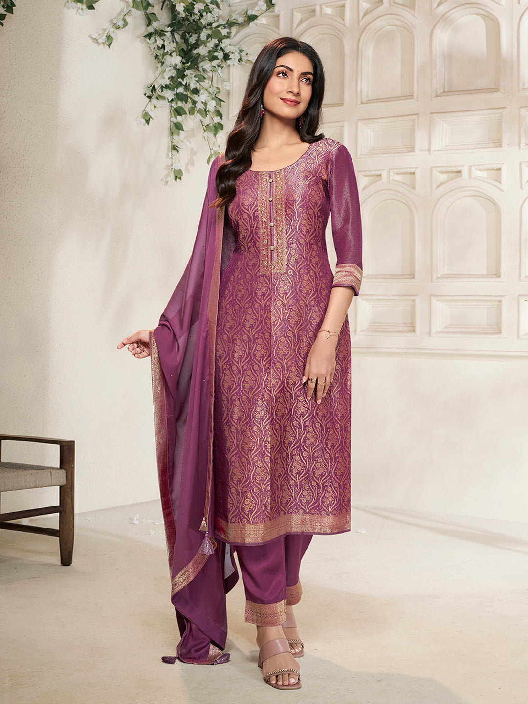 Purple Tissue Jacquard weave Kurta Suit Set