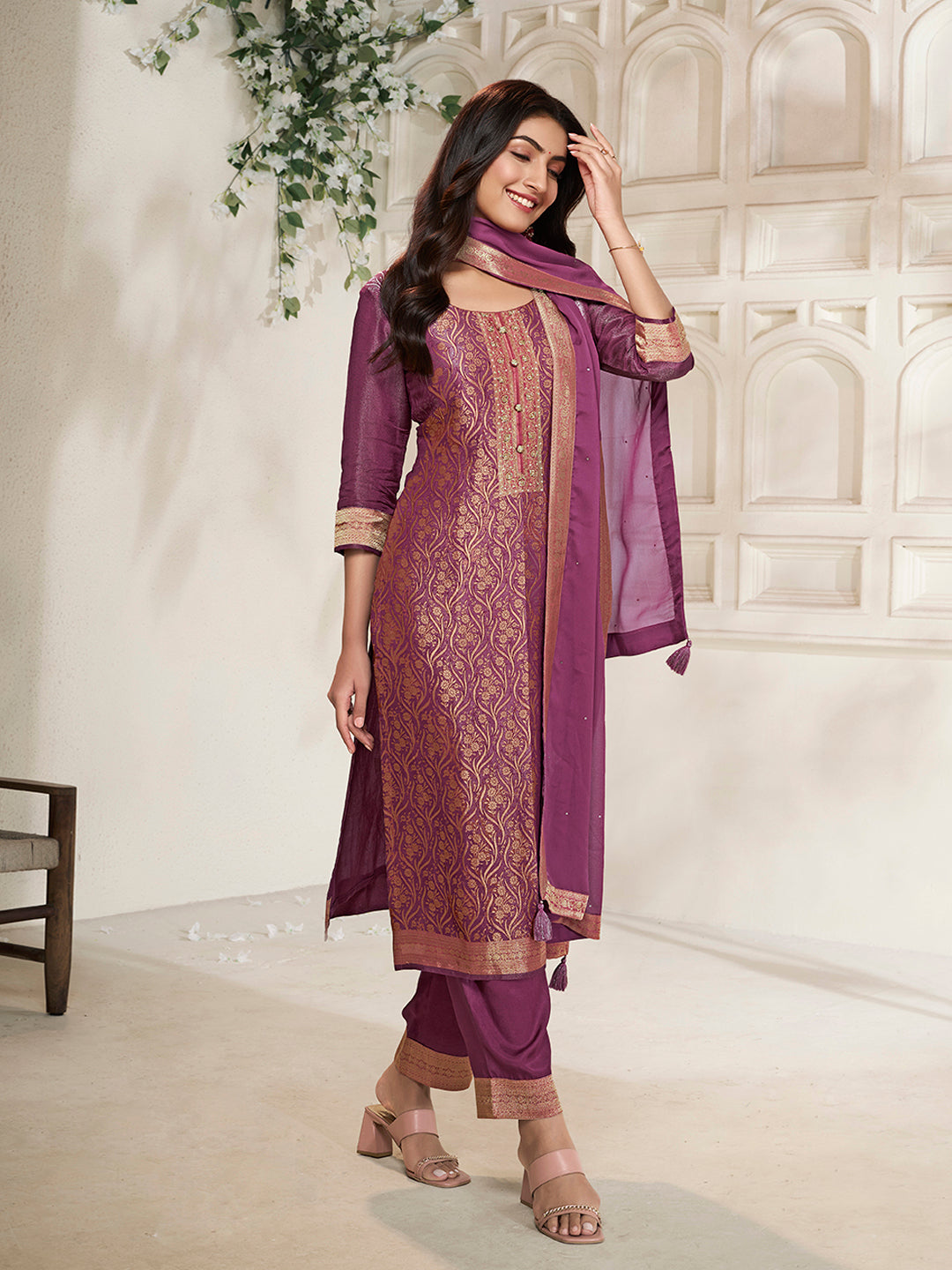 Purple Tissue Jacquard weave Kurta Suit Set