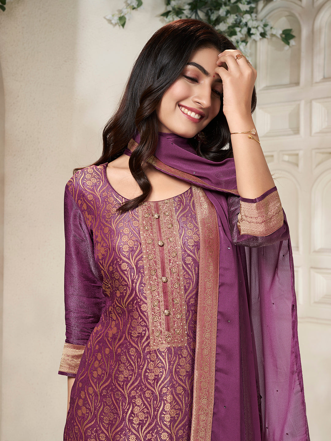 Purple Tissue Jacquard weave Kurta Suit Set