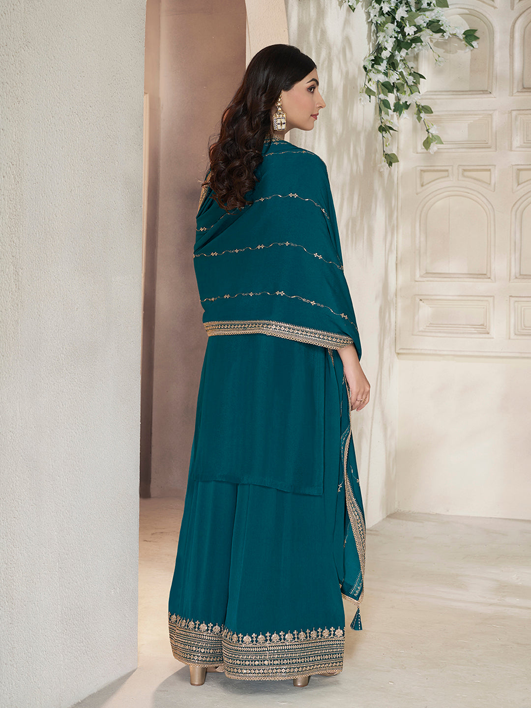 Dark Blue Chinon Top with Sequins Embroidery and Sharara Suit Set