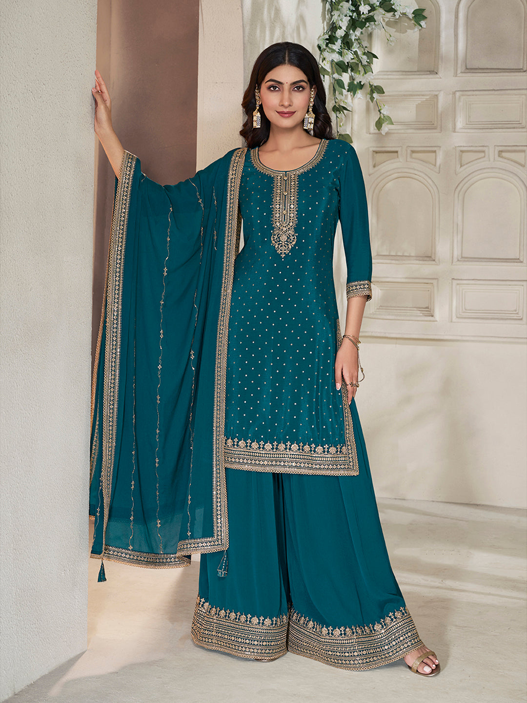 Dark Blue Chinon Top with Sequins Embroidery and Sharara Suit Set
