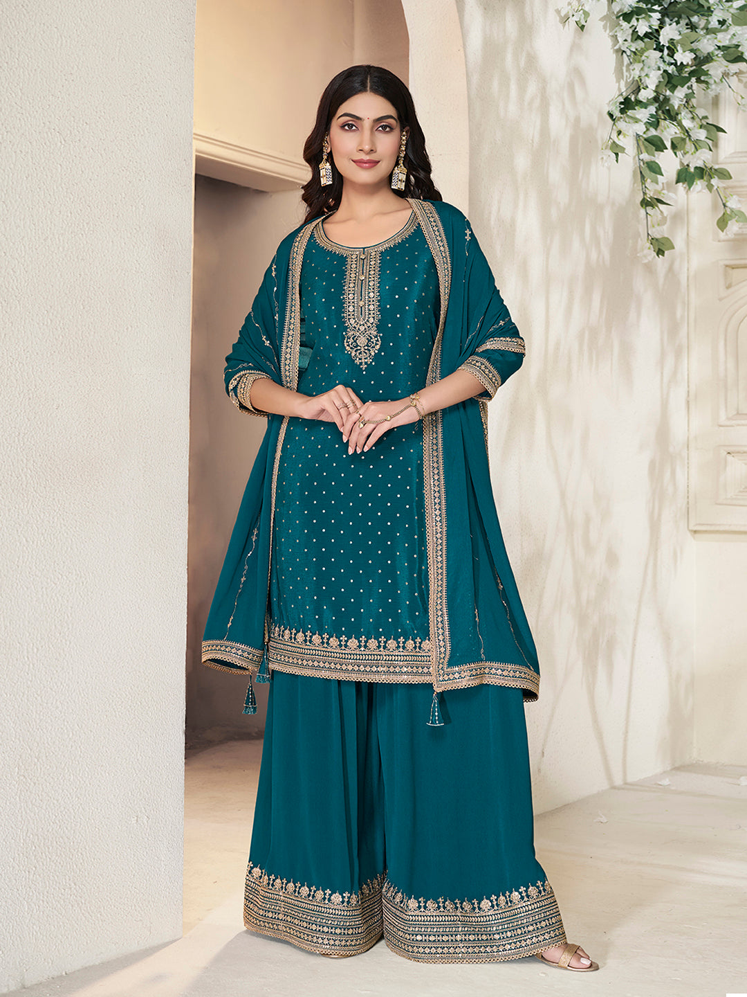 Dark Blue Chinon Top with Sequins Embroidery and Sharara Suit Set