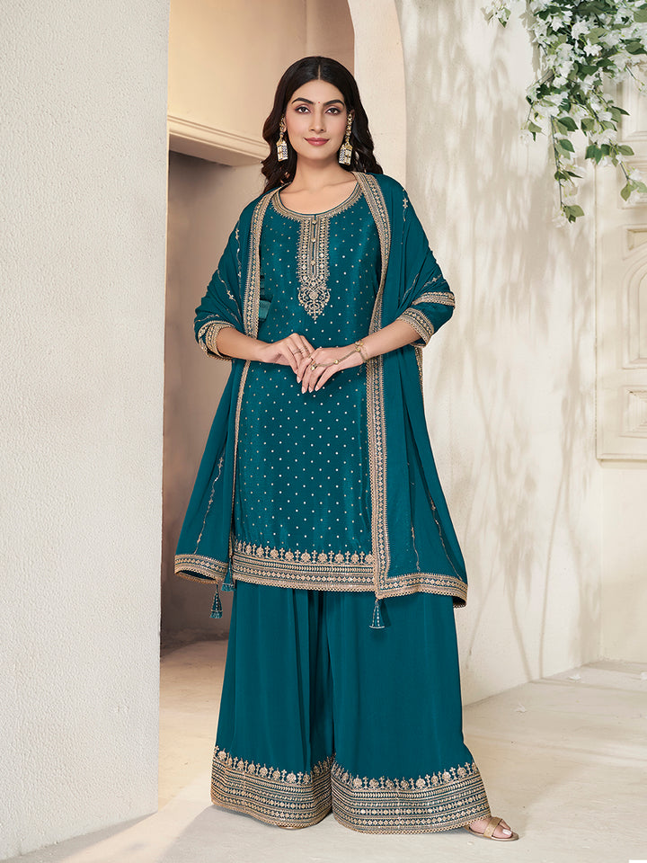 Dark Blue Chinon Top with Sequins Embroidery and Sharara Suit Set