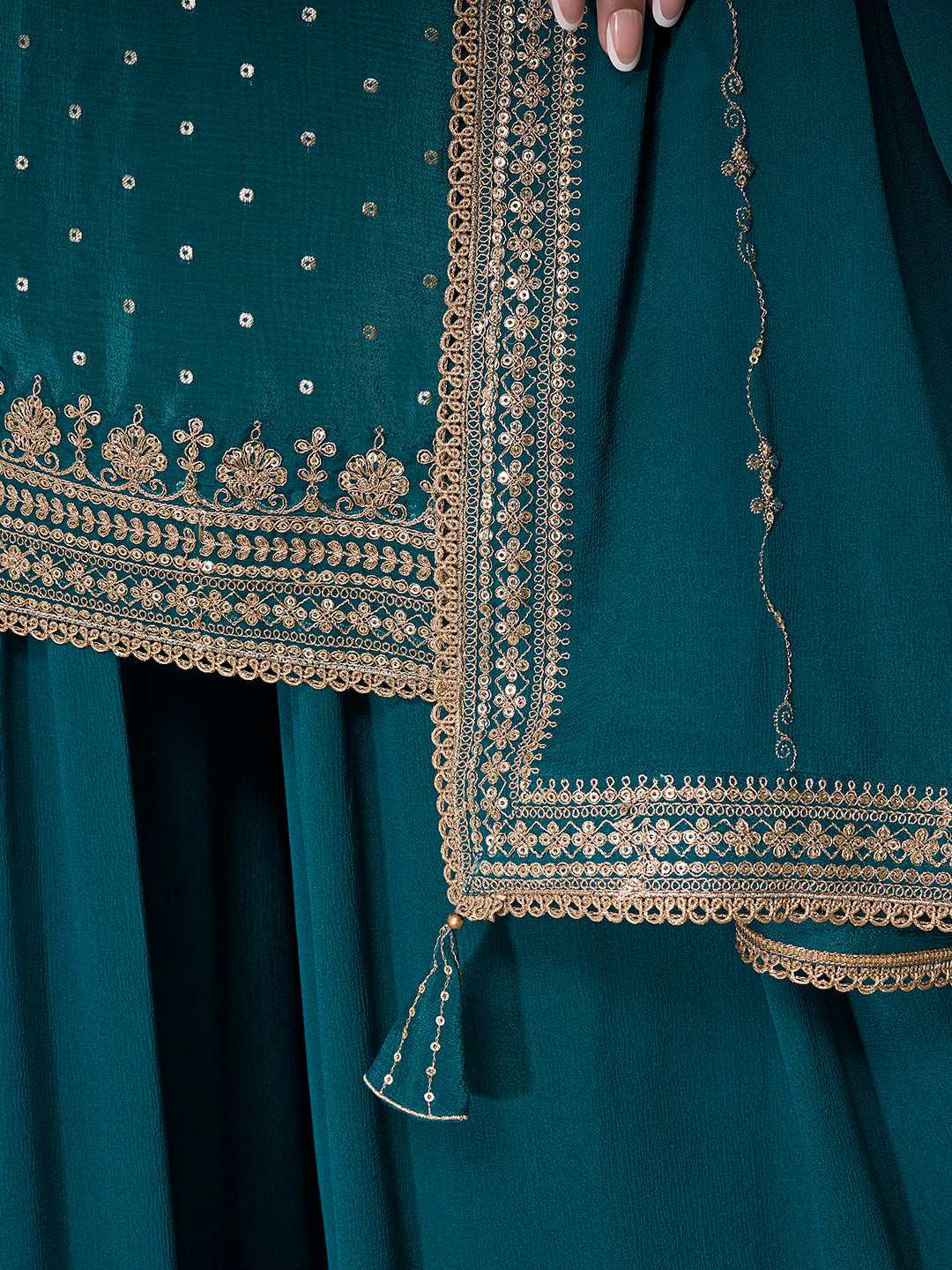 Dark Blue Chinon Top with Sequins Embroidery and Sharara Suit Set