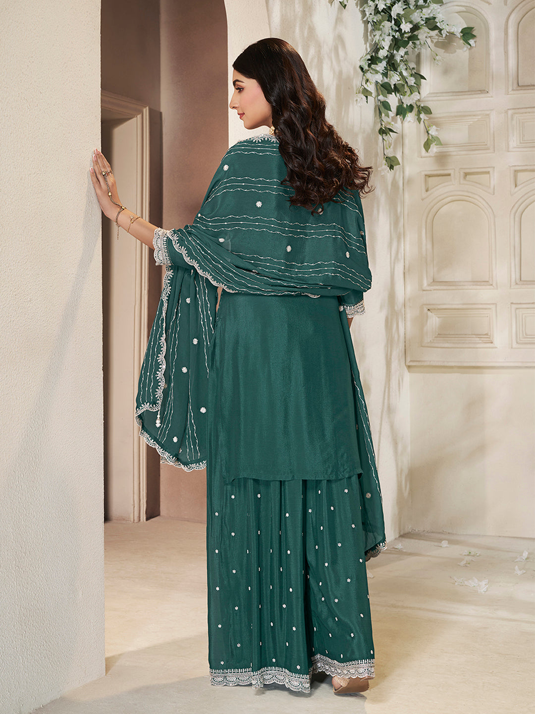 Embroidered Green Chinon Top with Sequin Detailing and Matching Sharara Suit Set
